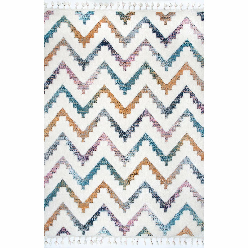 New π₯ NuLOOM Rumi High-Low Chevron Tassel Kids Shag Striped Area Rug, Beige 6' 7"x9' β¨ - Image 2